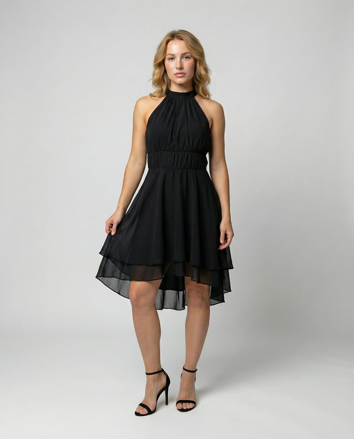 Delmara | Women's Mini Dress with Halter Neck and Layered Skirt | Flared
