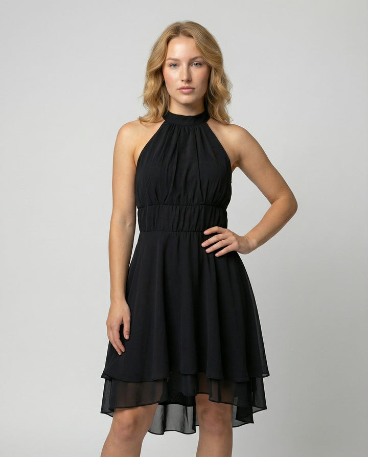 Delmara | Women's Mini Dress with Halter Neck and Layered Skirt | Flared