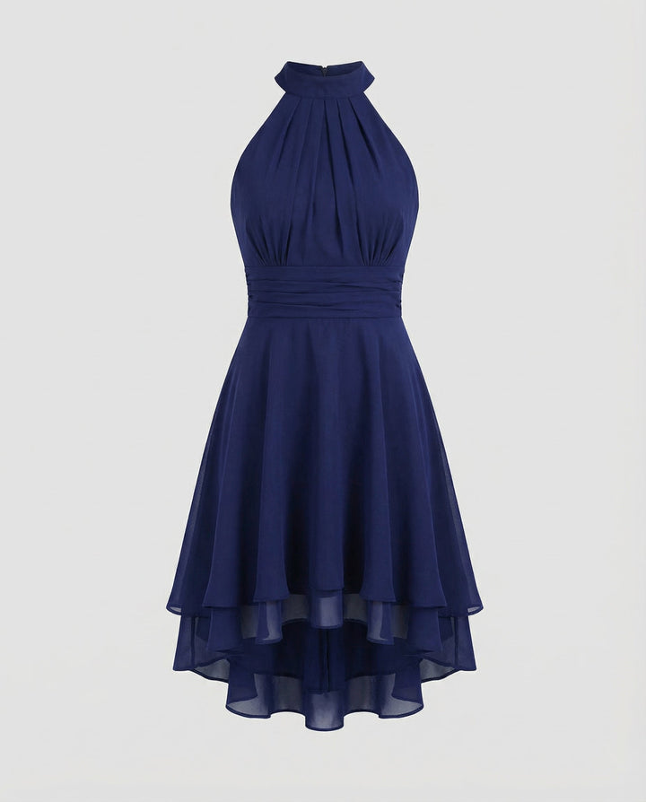 Delmara | Women's Mini Dress with Halter Neck and Layered Skirt | Flared