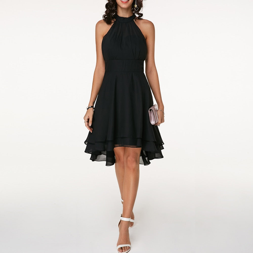 Delmara | Women's Mini Dress with Halter Neck and Layered Skirt | Flared