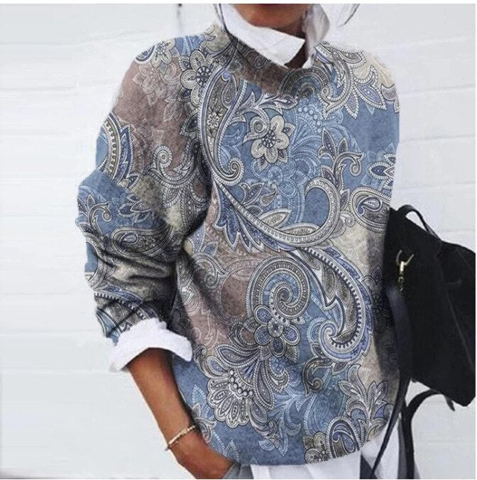 Ladies Sweater with Floral Print – Knitted Pullover Fantasy Print