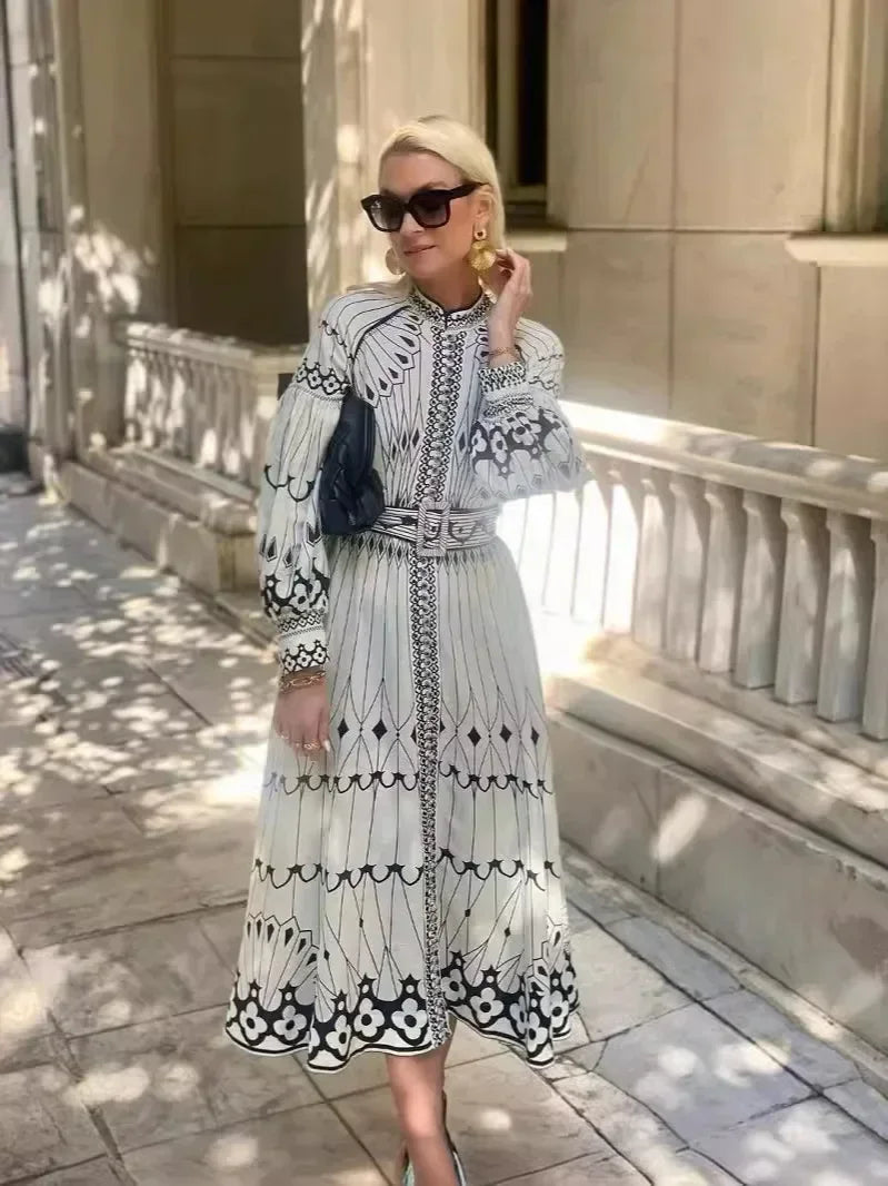 Eulalia Retro Stand Collar Boho Dress - Elena Harper