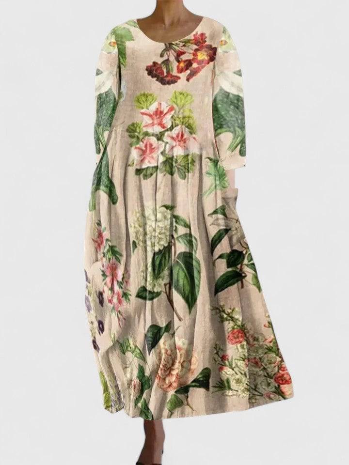 Emma & Rose Cape Town Margaritte™ stylish midi dress in vibrant fabric, displayed on a mannequin.