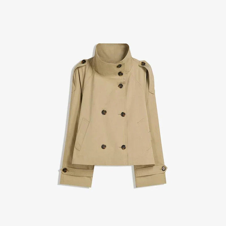 Ladies Double-Breasted Trench Coat with Belt and Stand-Up Collar