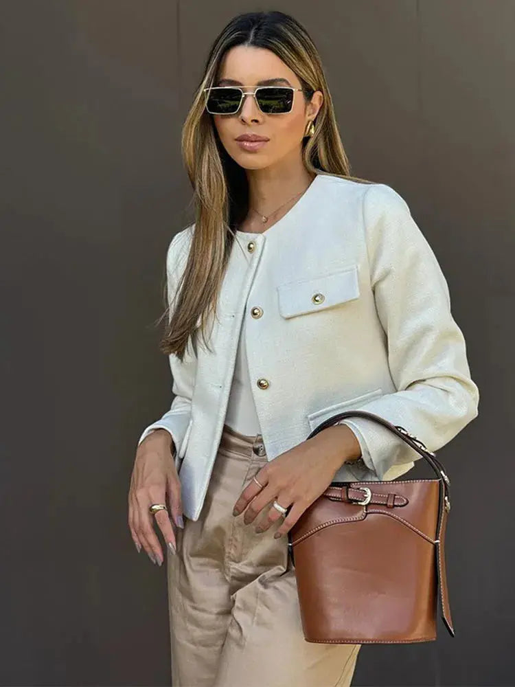 Women's Elegant Textured Cropped Button-Up Jacket
