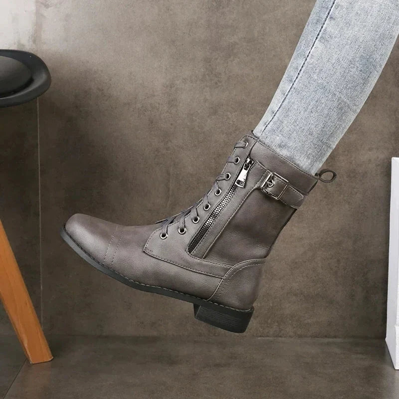 Ladies Mid-Calf Lace-Up Boots with Leather Upper