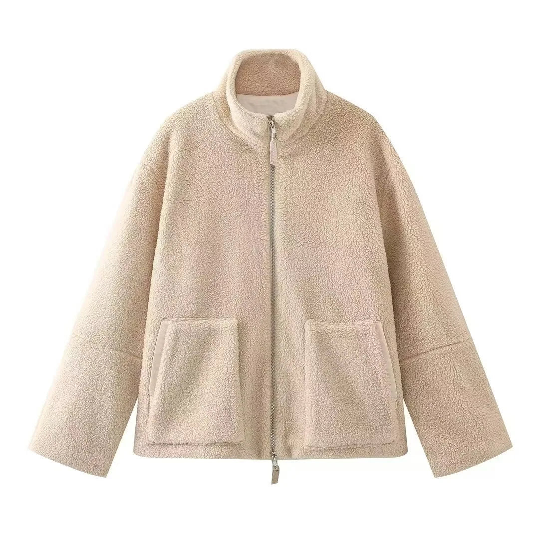Front-closure Plush Coat for Women with Wide Lapel - Aino