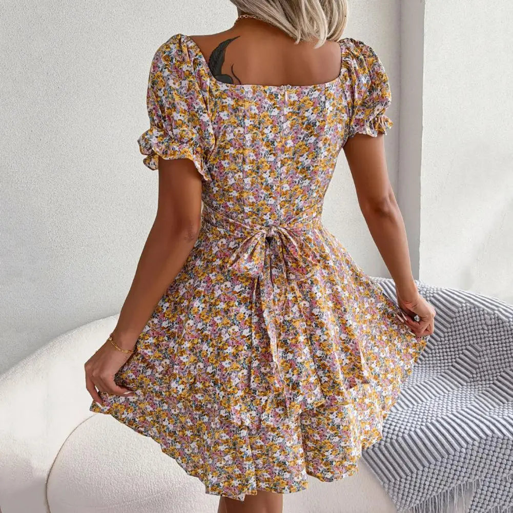 Flower Dress with Square Neckline and Puff Sleeves, view 3 - Elena Harper