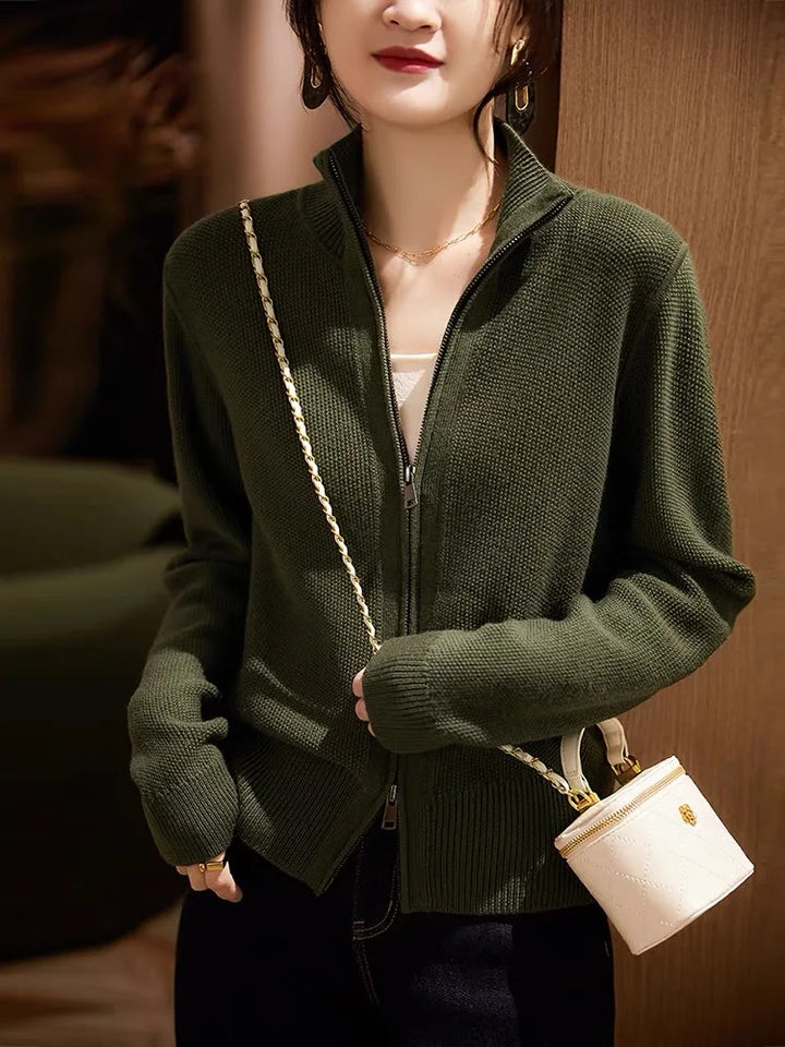 Ladies Wool Zip Vest – Knitted Cardigan with High Collar