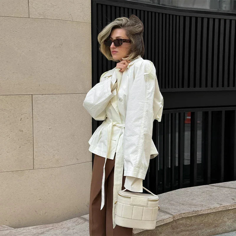 Ladies Double-Breasted Trench Coat with Belt and Stand-Up Collar