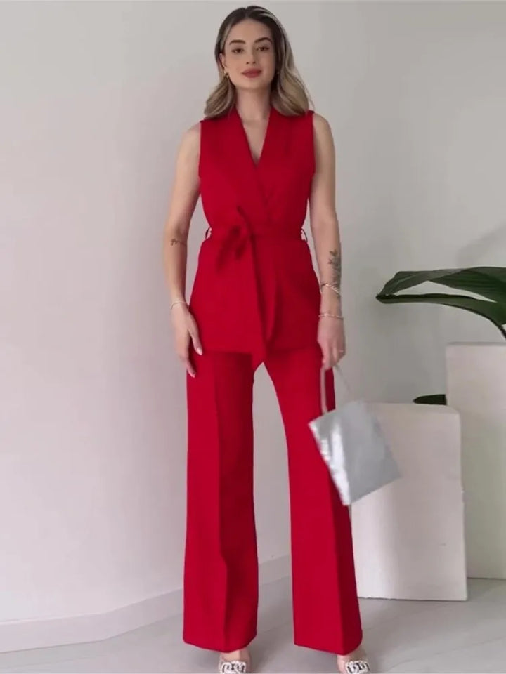 Sleeveless Blazer Suit Tailored Fit Wrap V-Neck Wide Pants Avérine, view 4 - Elena Harper