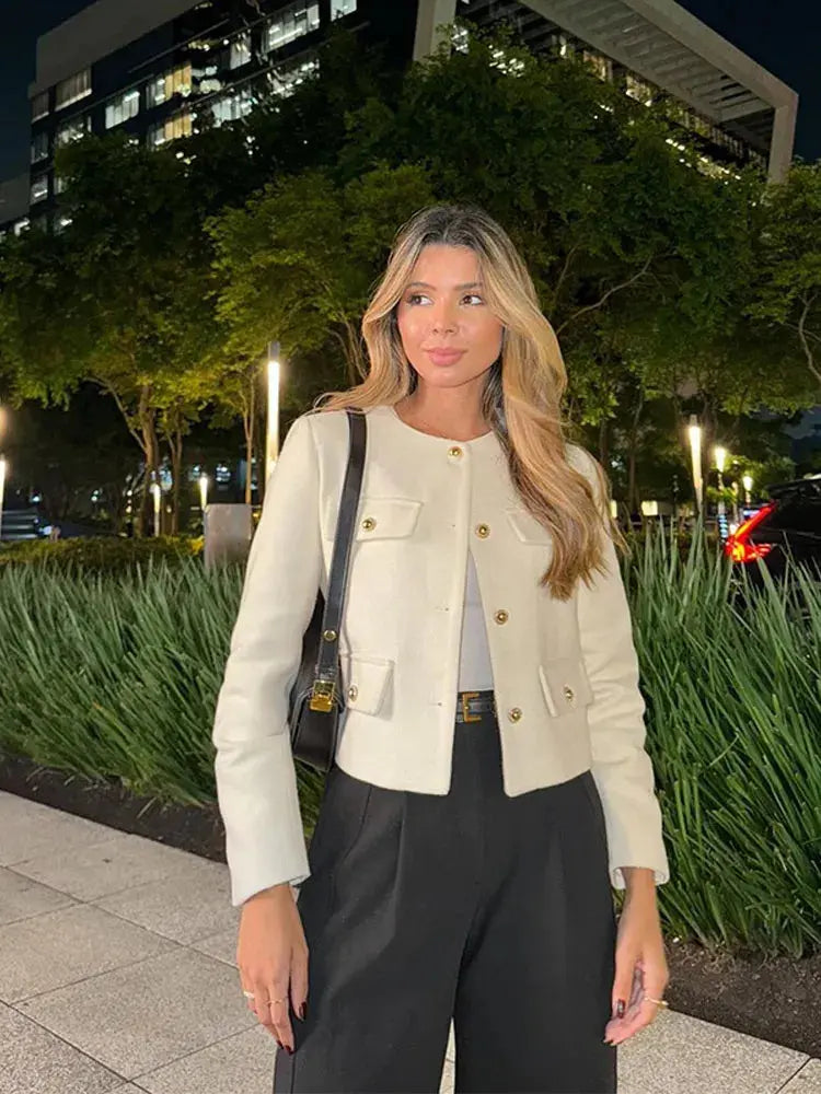 Women's Elegant Textured Cropped Button-Up Jacket