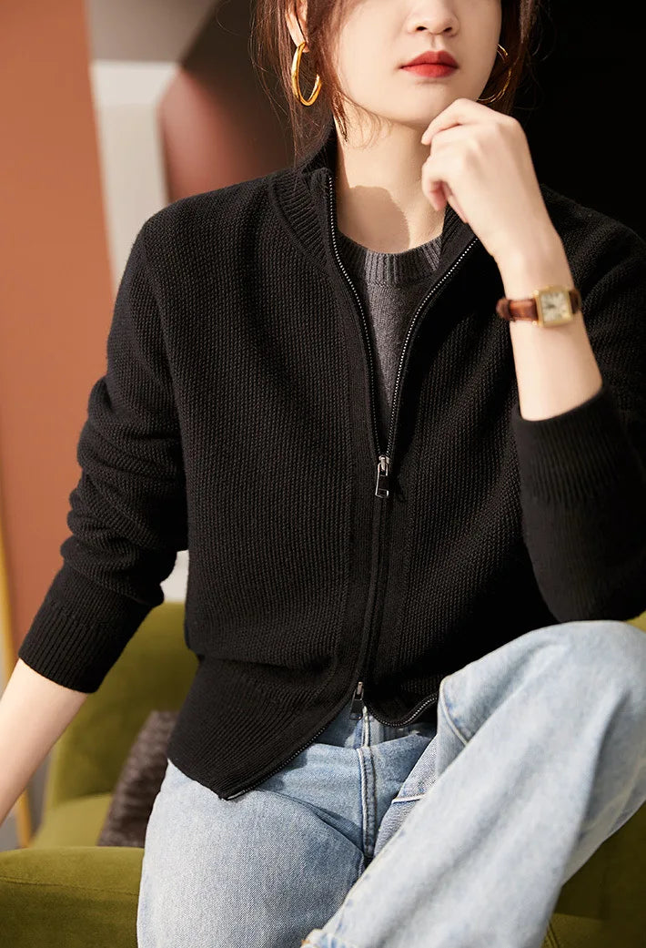 Ladies Wool Zip Vest – Knitted Cardigan with High Collar