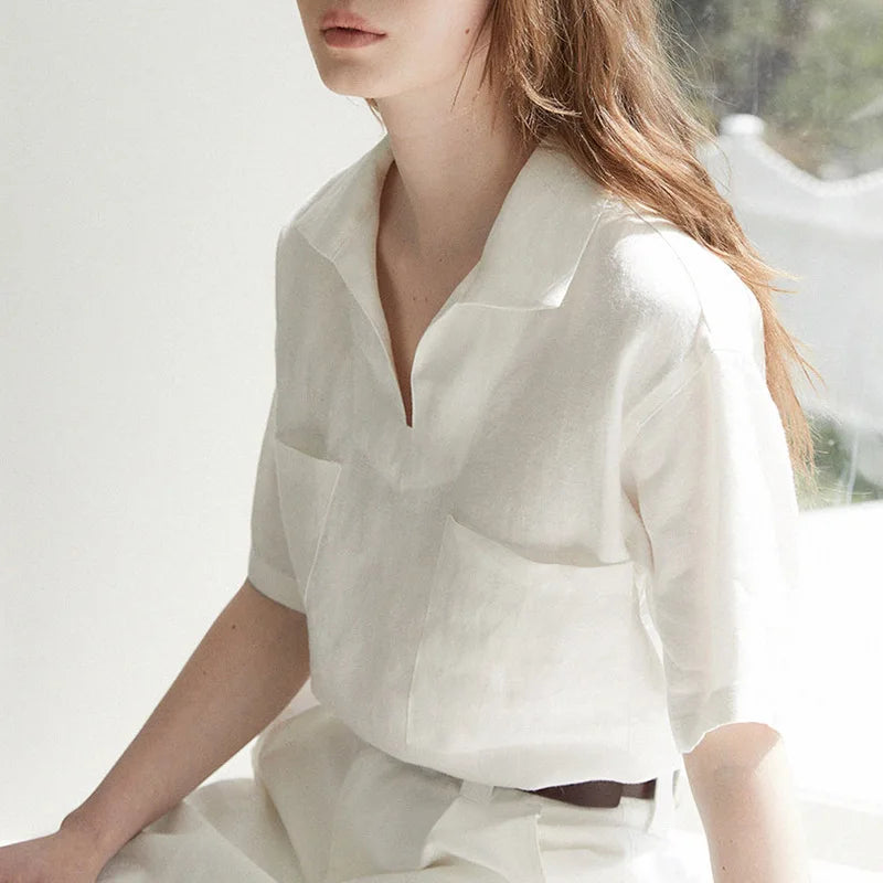 Airy & Timeless Short-Sleeve Linen Blouse for Women V-Neck Milena, view 2 - Elena Harper