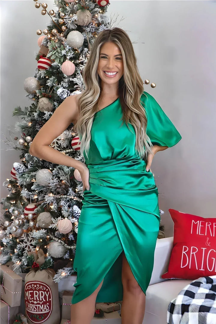 One Shoulder Draped Midi Split Dress