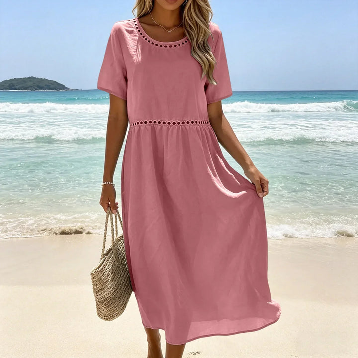 Long Women's Dress in Mixed Cotton with Cut-Out Details