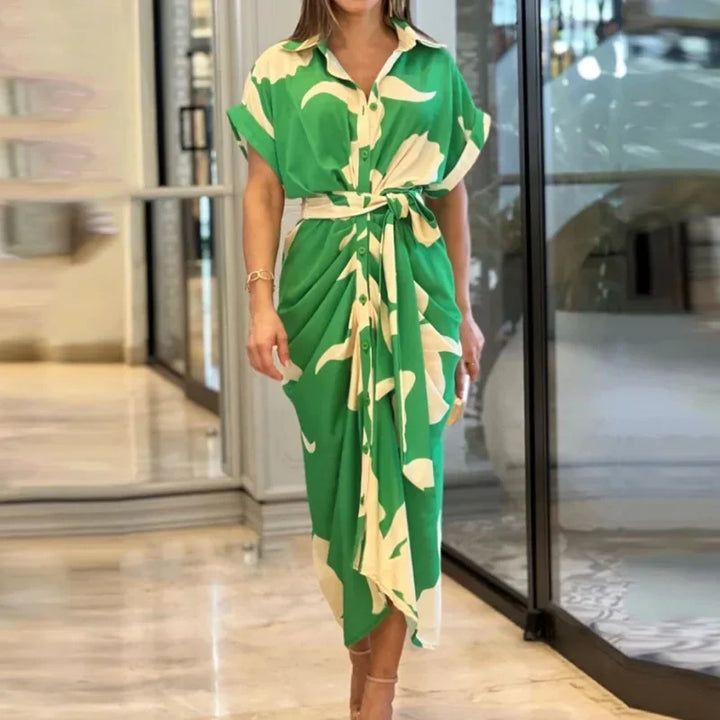 Chic elegant belted printed midi dress for women with short sleeves and shirt collar - Elena Harper