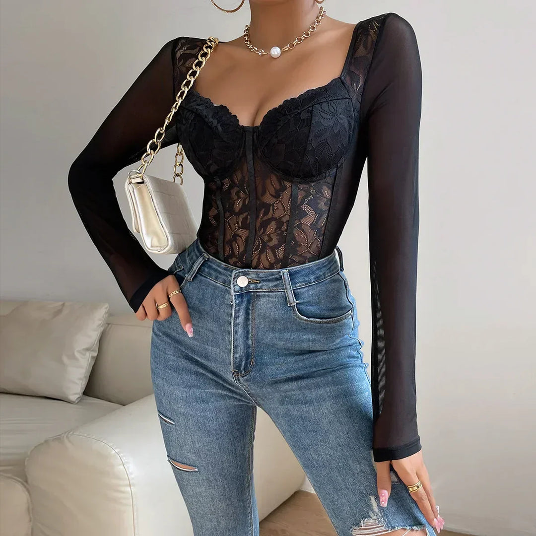 Livia – Seductive Lace and Mesh Bodysuit with Long Sleeves