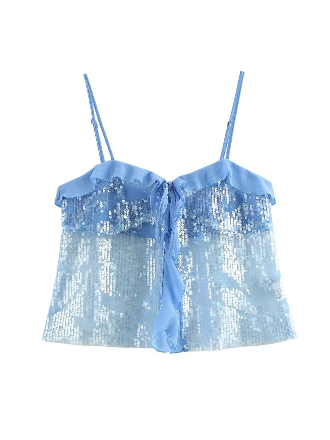 Festive Sequin Women's Top with Bow Closure and Ruffles, view 7 - Elena Harper