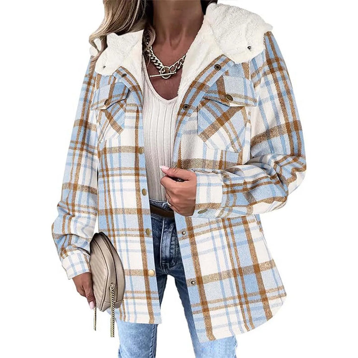 Women's Checked Fleece-Lined Jacket – Warm Hooded Coat for Winter