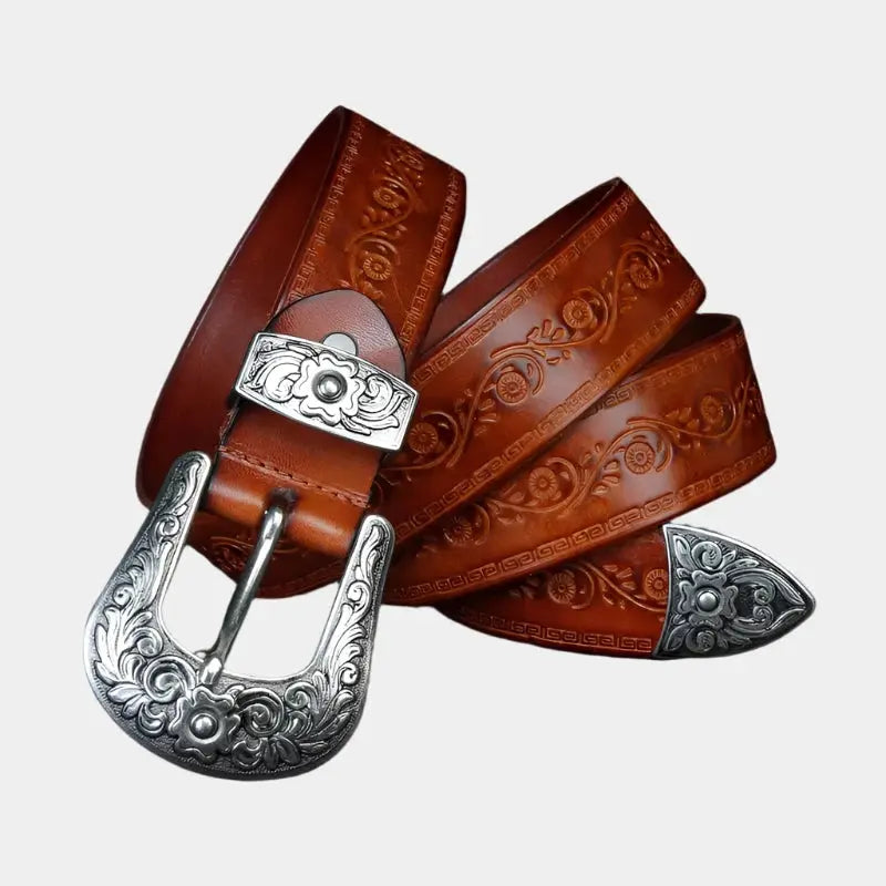 Men's Leather Western Style Belt Engraved Buckle, Classic Cowboy Style - Elena Harper