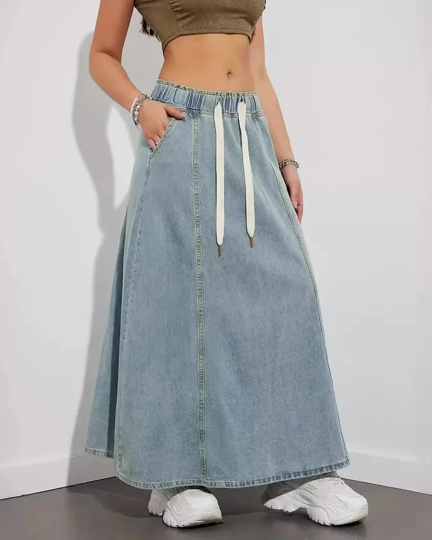 Maxi Skirt for Women with Elastic Waist, Drawstring, and Side Pockets – Denim Blend