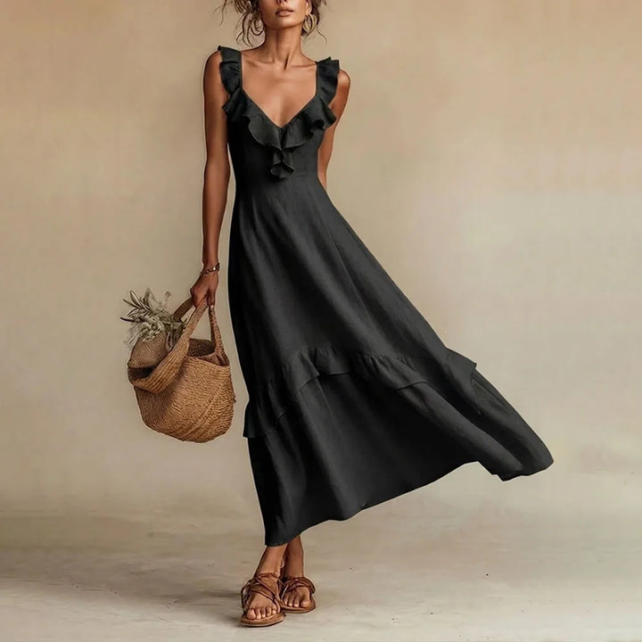 Women's Ruffle Trim A-Line Maxi Dress