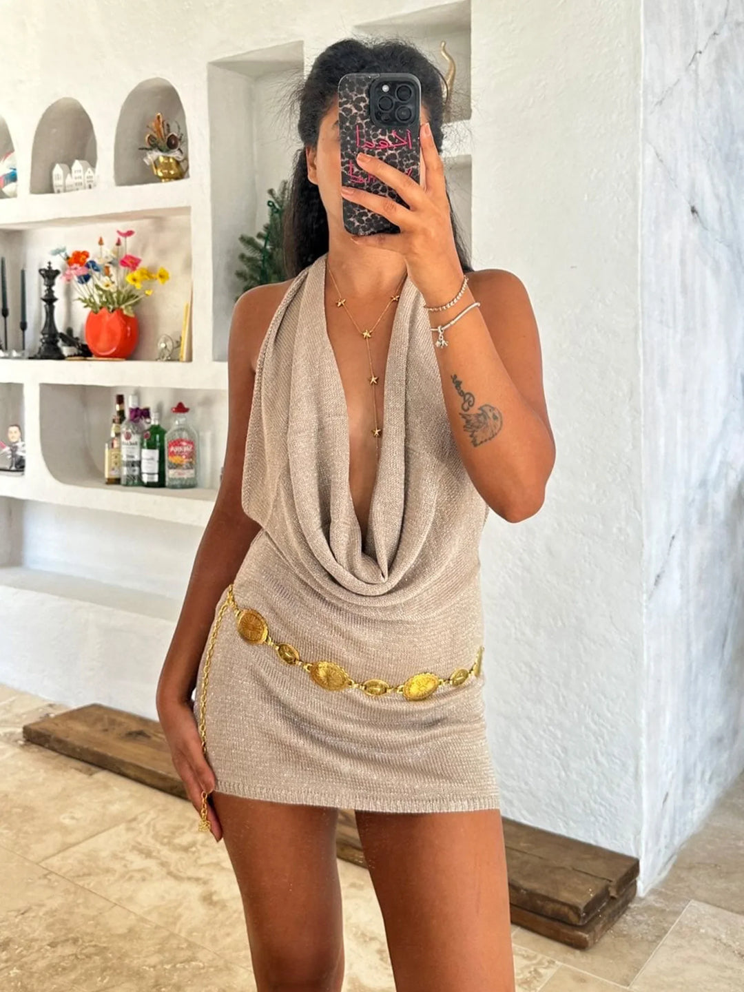 Mini Sequined Draped V-Neck Dress for Women – Backless Beach Party Look