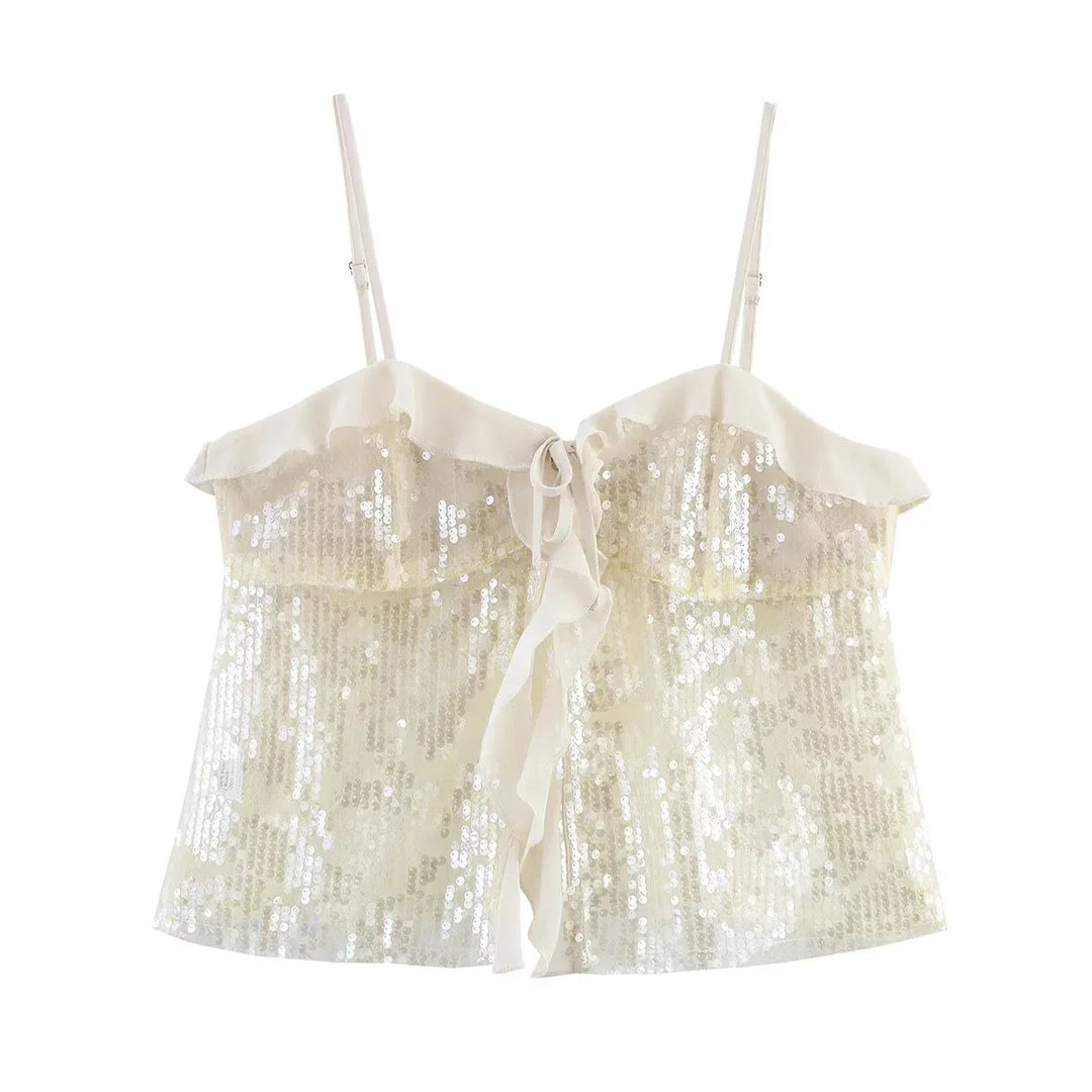 Festive Sequin Women's Top with Bow Closure and Ruffles - Elena Harper