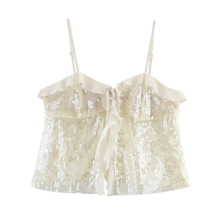 Festive Sequin Women's Top with Bow Closure and Ruffles - Elena Harper