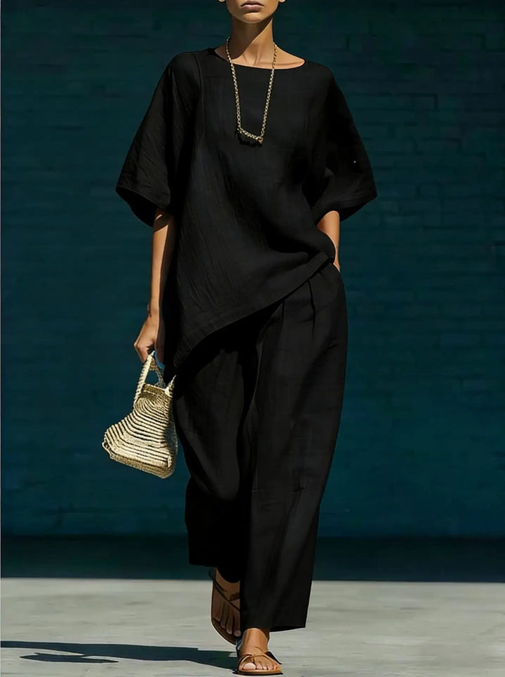 Ladies Linen Mix Set Asymmetric Top with Wide Leg Pants, view 9 - Elena Harper