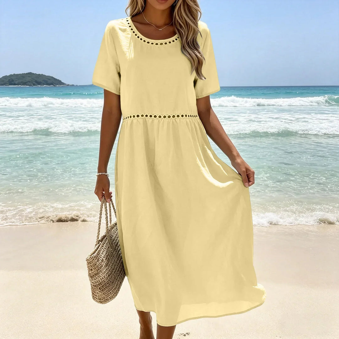 Long Women's Dress in Mixed Cotton with Cut-Out Details