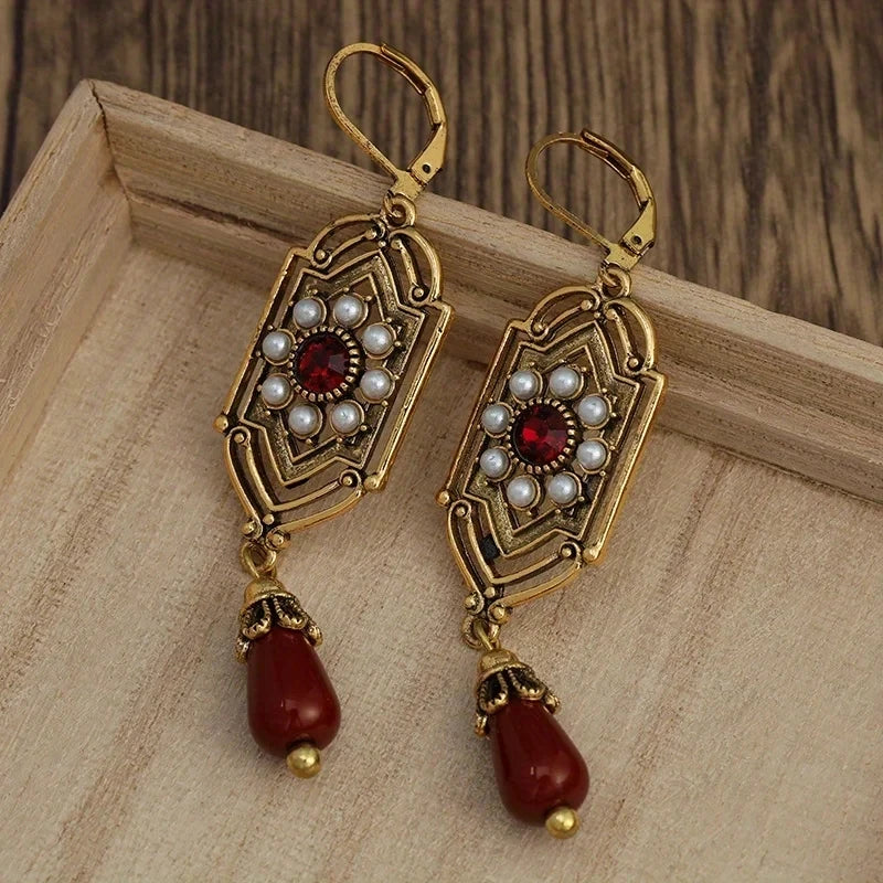 Art Deco Gold Garnet & Pearl Drop Earrings - Elena Harper