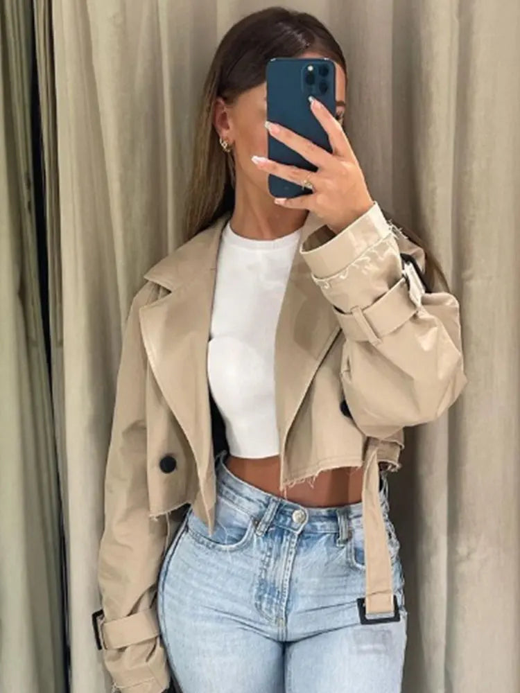 Women's Cropped Trench Coat – Beige Cotton, Lightweight Jacket for Spring and Autumn