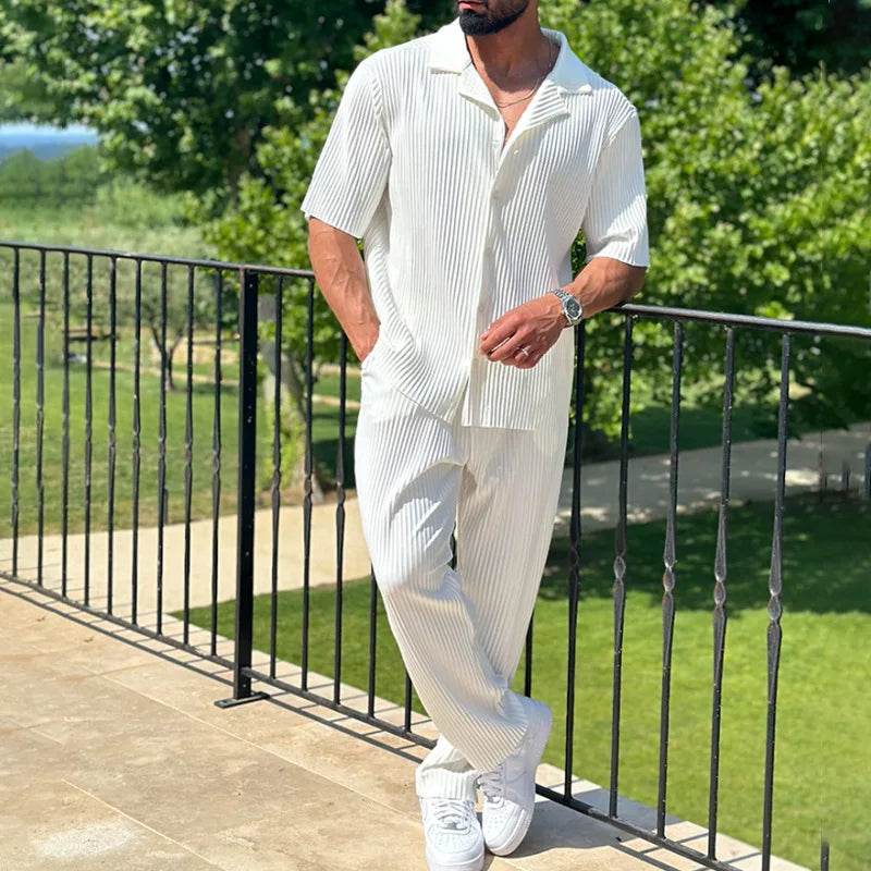Men's Pleated Two-Piece Shirt & Trousers Set Relaxed Fit - Elena Harper
