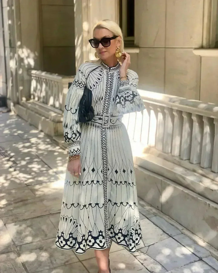 Eulalia Retro Stand Collar Boho Dress - Elena Harper