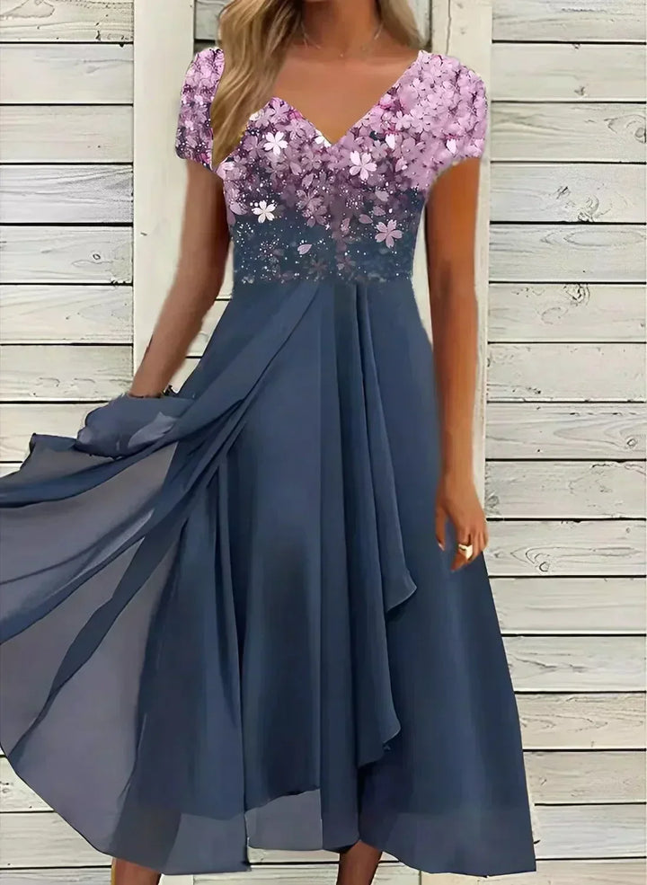 Yvonne | Women's Flowing Floral Form Dress with Short Sleeves