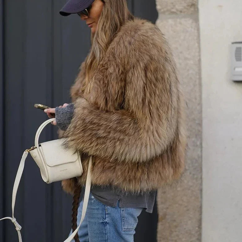 Elegant Luxurious Brown Fur Women's Jacket Stylish, Versatile, Comfortable, view 4 - Elena Harper