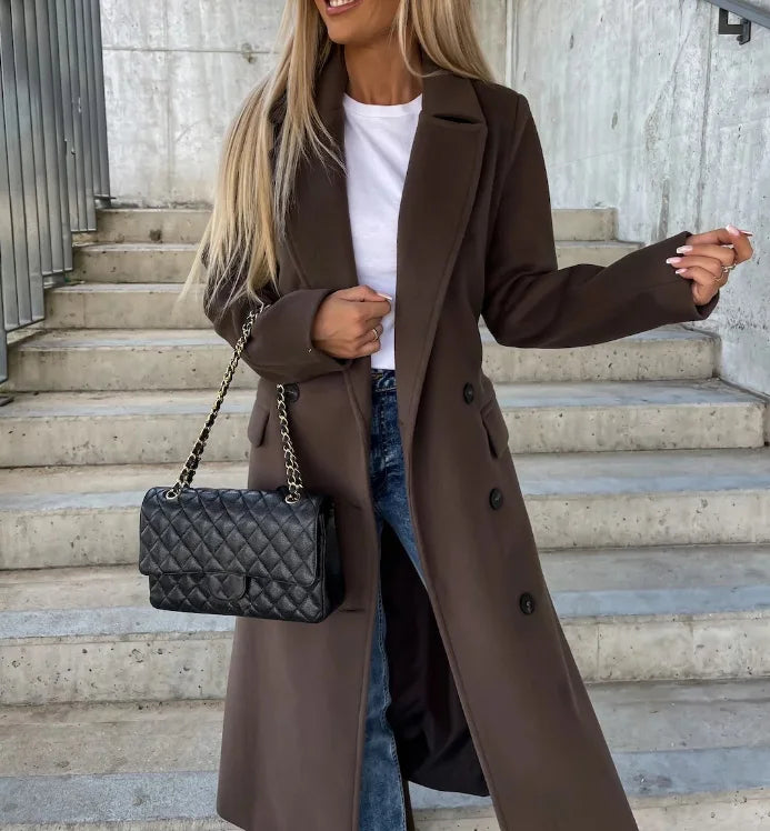 Ladies Long Lapel Coat – Solid, Casual for Autumn and Winter