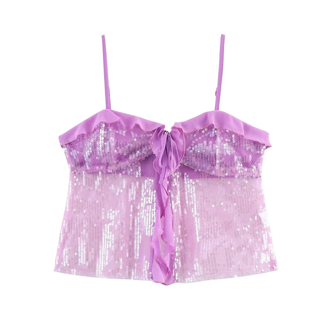 Festive Sequin Women's Top with Bow Closure and Ruffles, view 8 - Elena Harper