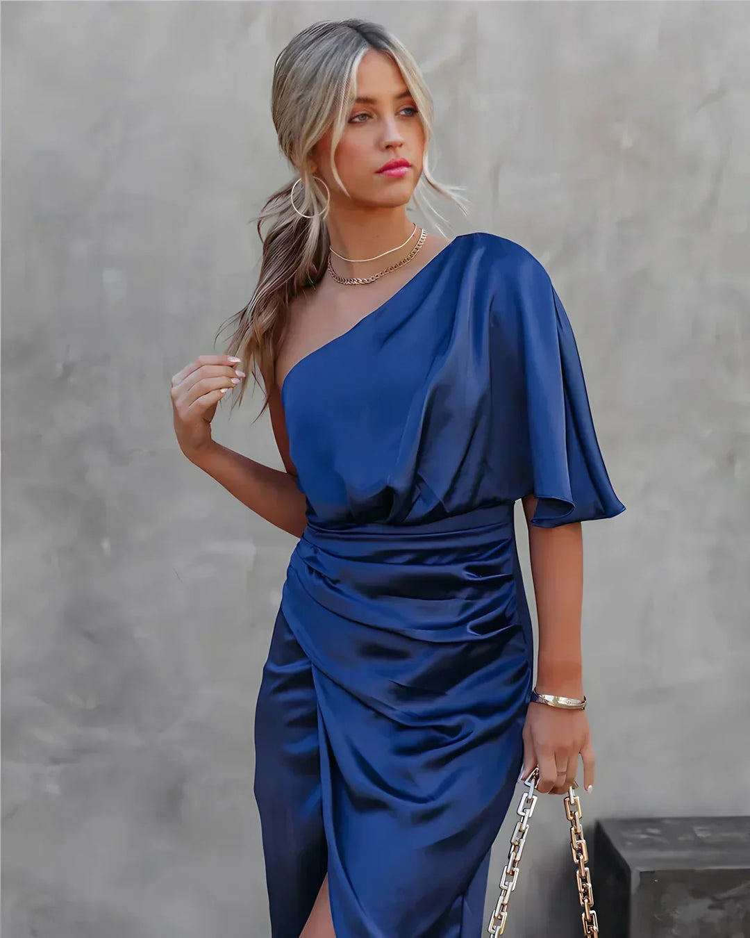 One Shoulder Draped Midi Split Dress