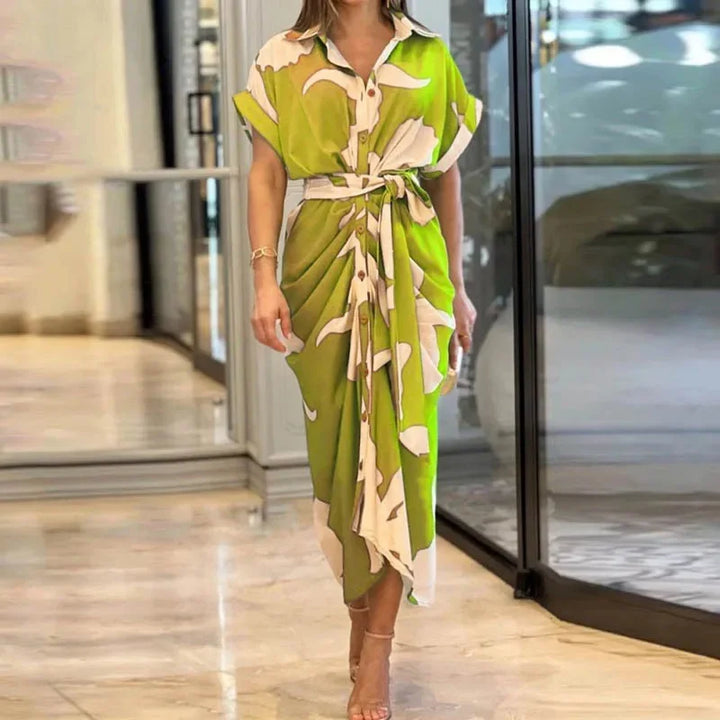 Chic elegant belted printed midi dress for women with short sleeves and shirt collar, view 9 - Elena Harper