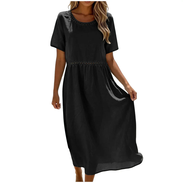 Long Women's Dress in Mixed Cotton with Cut-Out Details