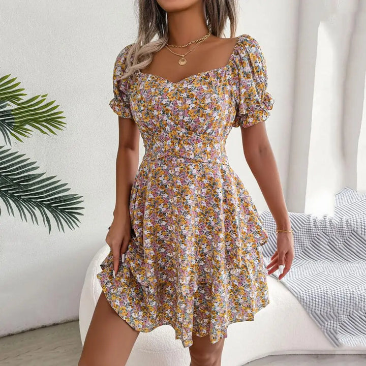 Flower Dress with Square Neckline and Puff Sleeves - Elena Harper