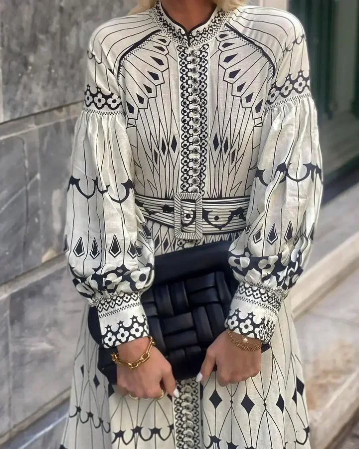 Eulalia Retro Stand Collar Boho Dress - Elena Harper