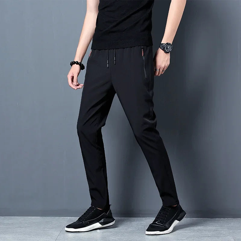 Men's Casual Pants with Elastic Waist and Zipper Pockets