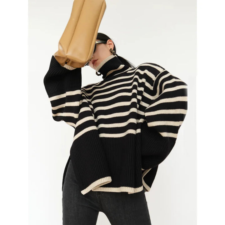 Cotton Turtleneck Sweater with Striking Diagonal Stripes and Asymmetrical Hem, view 2 - Elena Harper