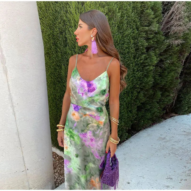Women's Sexy Halter Tie-Dye Maxi Dress with Removable Bow