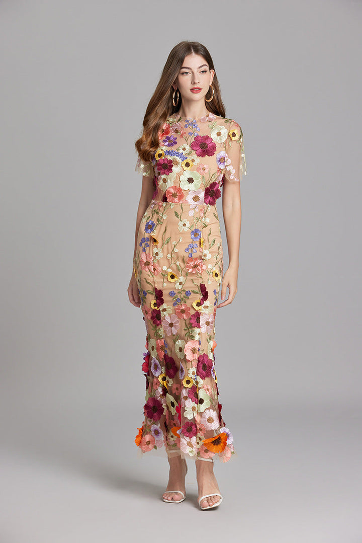 Verena | Women's Sheer Maxi Dress with Floral Embroidery