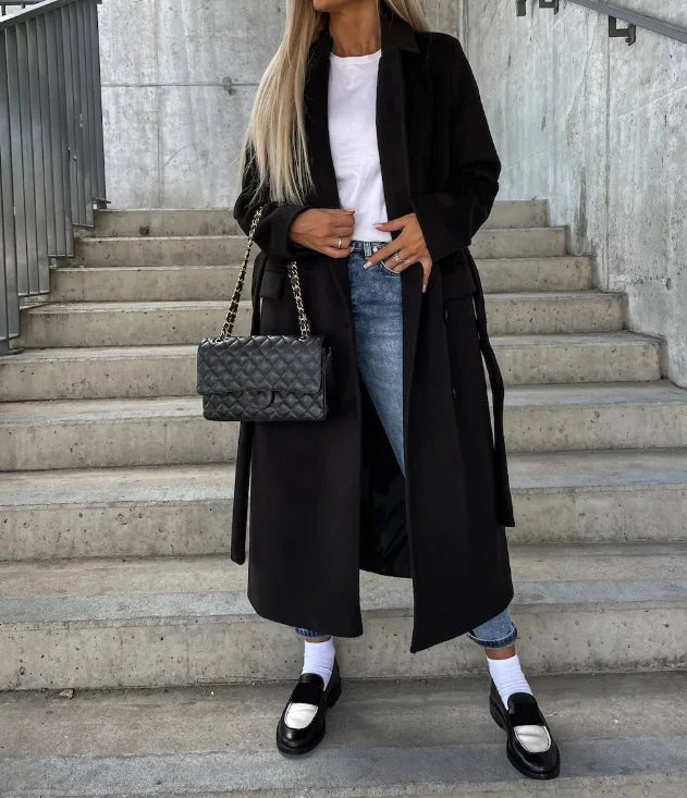 Ladies Long Lapel Coat – Solid, Casual for Autumn and Winter